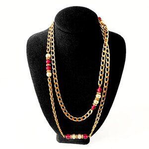 CHRISTIAN DIOR Vintage Gold Plated Faux Pearl Rhinestone Chain Necklace 32”